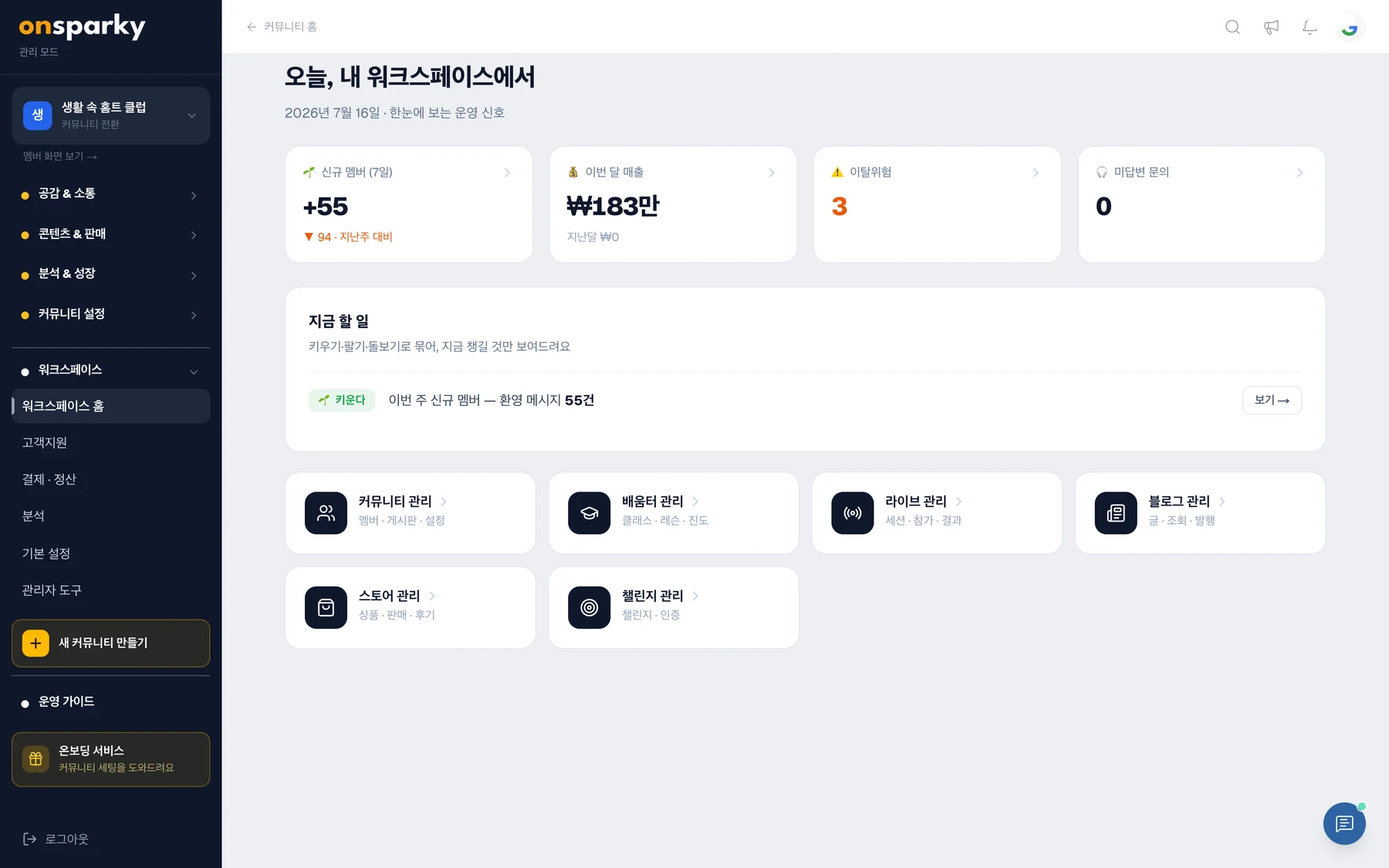 "오늘, 내 워크스페이스" 운영자 관리 대시보드